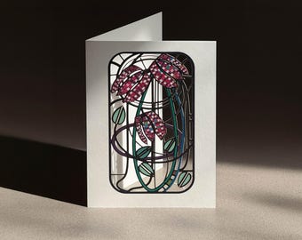 Carte de voeux vierge inspirée de Charles Rennie Mackintosh, représentant des fritillaires tête de serpent, fabriquée au Royaume-Uni, MC10
