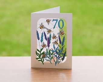 Carte du 70e anniversaire abeille, carte découpée au laser, carte de 70 ans, carte d'anniversaire abeille, carte du 70e bourdon, cartes pour elle, cartes pour lui, fabriqué au Royaume-Uni, BE070B