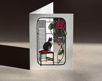 Carte de voeux vierge inspirée de Charles Rennie Mackintosh, représentant un chat et une rose en noir et blanc, fabriquée au Royaume-Uni, MC01