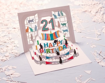 21st Birthday Cat Card - Pop Up Card - Age 21 Card, Birthday Cat Card, Cards for her, Cards for him, Made in the UK/POPCATA021