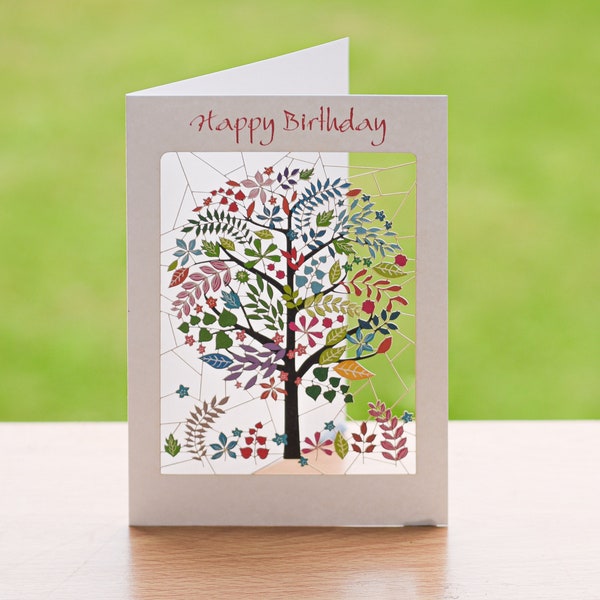 Carte d’arbre joyeux anniversaire - Carte d’anniversaire arbre coloré de la sagesse - Carte d’anniversaire nature - Carte d’anniversaire florale - Carte d’anniversaire 3D découpée au laser