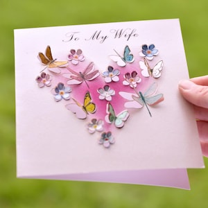 Biglietto farfalla per mia moglie, cuore per San Valentino, biglietto scultura 3D, biglietto per donne, biglietti per lei, amante delle farfalle, prodotto nel Regno Unito /LS37