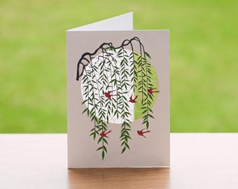 Blank Card - Willow tree and swallows - Customisable Message - Lasercut Nature Card - PM867