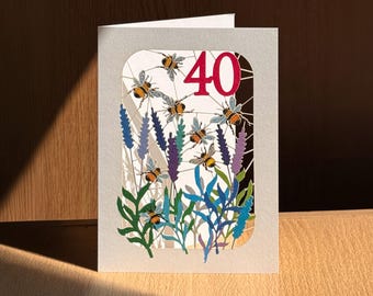 Carte de 40e anniversaire abeille, carte découpée au laser, carte de 40 ans, carte d'anniversaire abeille, carte de 40e bourdon, cartes pour elle, cartes pour lui, fabriqué au Royaume-Uni, BE40R