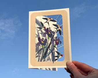 Blank Card - Iris flowers and swallows - Nature Lover Card- Lasercut Bird Card - PM442