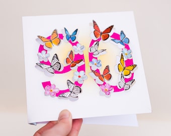 Butterfly Age 90th Birthday Card - Pretty 3D sculpture card - Happy Birthday 90 Card, Cards for her, Gift for Gardener, Made in the UK /LS34