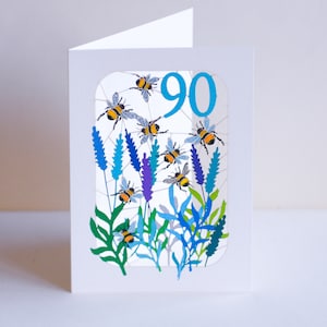 Carte des 90 ans - bleu - 90 ans, carte d'anniversaire abeille, carte bourdon des 90 ans, unisexe BE90B image 2