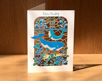 Baby Boy Card - Blank Card - New Baby Boy Card - Whale card  - Cards for him - New born blue card - Lasercut Card - Made in the UK - PM226