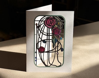 Tarjeta de felicitación Art Nouveau en blanco inspirada en Charles Rennie Mackintosh, con rosas y un loro, fabricada en el Reino Unido, MC05