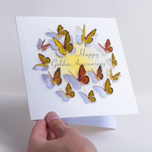 Tarjeta de aniversario de oro con mariposas - Tarjeta del 50.º aniversario - Feliz aniversario, Tarjeta desplegable, Tarjeta 3D, Tarjetas para ella, Fabricada en el Reino Unido /LS 38