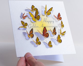 Carte papillon d'or anniversaire - carte 50e anniversaire - joyeux anniversaire, carte pop-up, carte 3D, cartes pour elle, fabriquée au Royaume-Uni / LS 38