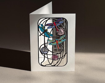 Carte de voeux vierge Art nouveau inspirée de Charles Rennie Mackintosh, avec des libellules, fabriquée au Royaume-Uni, MC12
