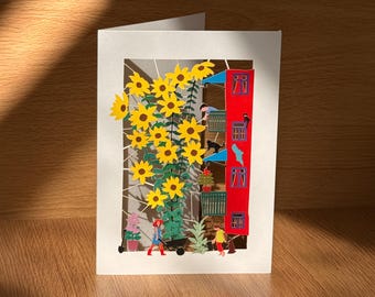 Blank Card - Family looking after giant sunflowers together - Lasercut Card - PM123