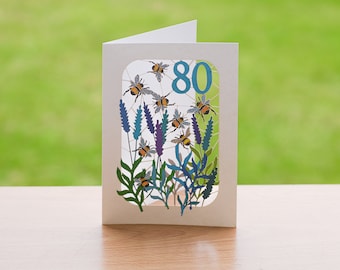 Carte 80e anniversaire abeille, carte découpée au laser, carte 80 ans, carte anniversaire abeille, carte 80e bourdon, cartes pour elle, cartes pour lui, fabriqué au Royaume-Uni, BE080B