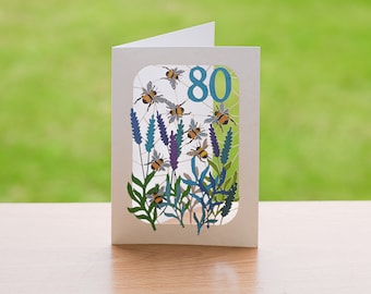 80th Birthday Bee Card, lasercut Card, Age 80 Card, Birthday Bee Card, 80th Bumblebee card, Cards for Her, Cards for Him, Made in UK, BE080B