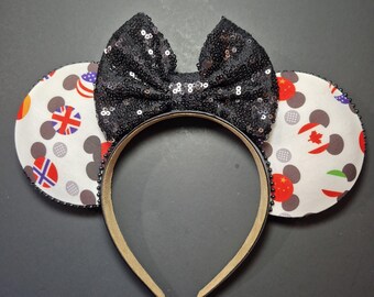 Epcot World Showcase mickey Mouse Ears - International Flags Headband with Black Sequin Bow. Disney minnie ears. Adult headband. Disney fit