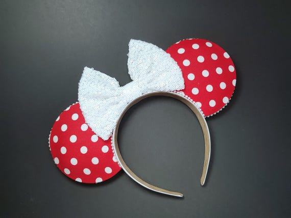 Women White Polka Dots Festive Shiny Bow Sequin Mickey Mouse Headband Silver and White Polka Dot Celebration Ears Headband With  main image 3