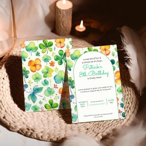 Modèle d'invitation d'anniversaire sur le thème de la Saint-Patrick, invitation de fête d'anniversaire de mars modifiable, trèfle à quatre feuilles, téléchargement immédiat, tout âge, toile