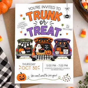 May include: A Trunk or Treat invitation card featuring three cars with open trunks decorated for Halloween. The text reads: YOU'RE INVITED TO TRUNK OR TREAT, CANDY COSTUMES COMMUNITY FUN, ALL ARE WELCOME, THURSDAY OCT 30, 5:00 PM - 7:00 PM, IVYWOOD COMMUNITY CHURCH 123 MAIN STREET, We can't wait to see you!