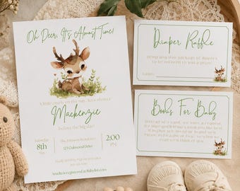 Deer Baby Shower Invitation, Editable Template, Baby Fawn Baby Shower Invite, Rustic Baby Shower Set, Boy Baby Shower