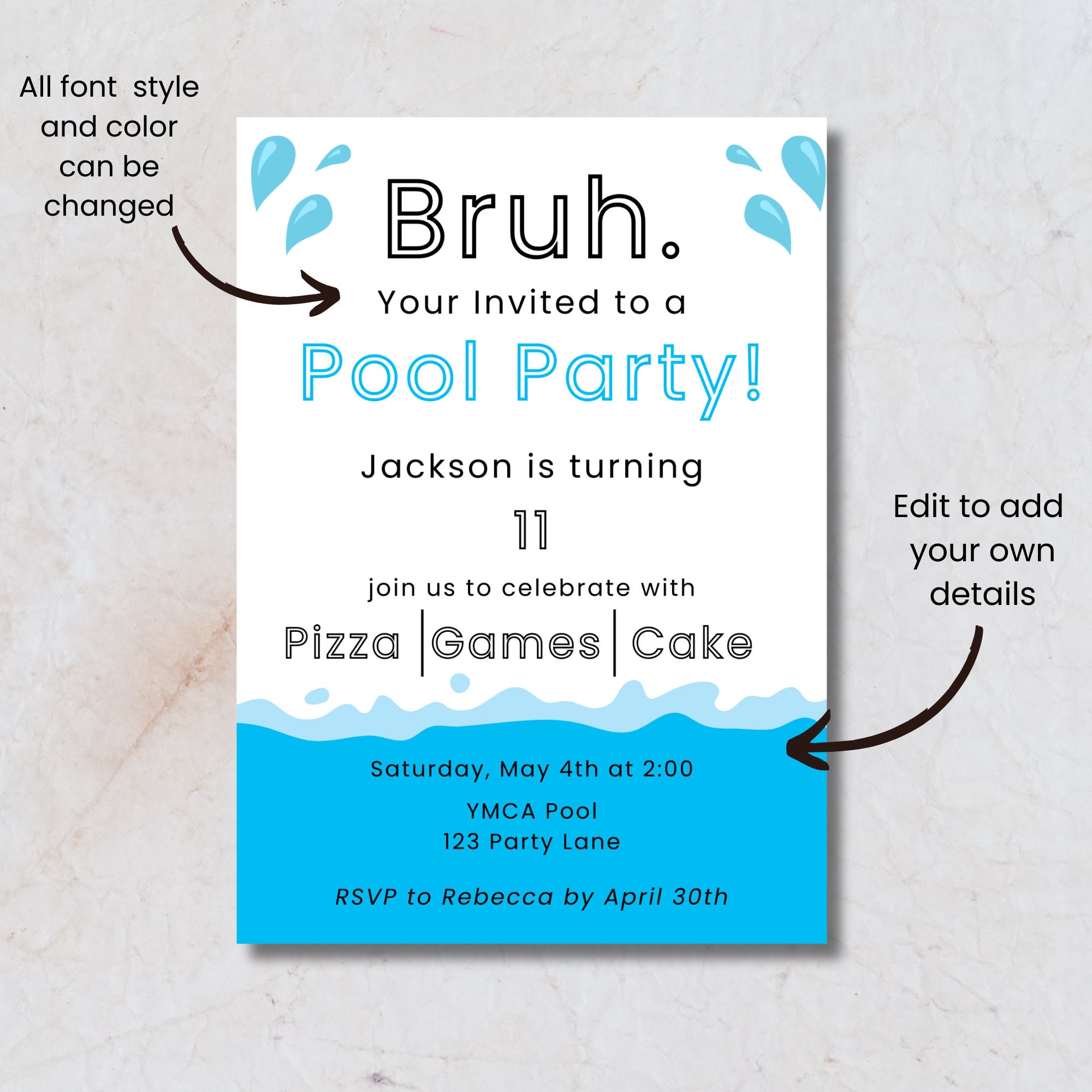 Birthday Pool Party Invitation Template, Printable Bruh Party Invite ...