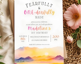 Fearfully Made Birthday Invitation, Editable Template, Girl's First Birthday Party Invite, Christian 1st Birthday