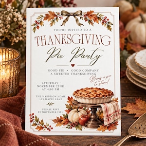 May include: A white Thanksgiving invitation card featuring a brown bow, autumn leaves, and berries. Text reads: YOU'RE INVITED TO A THANKSGIVING Pie Party, GOOD PIE GOOD COMPANY A SWEETER THANKSGIVING, Bring a pie to share!, SATURDAY, NOVEMBER 22ND AT 4:00 PM, THE HARRISON HOME 123 MAPLE LANE, PLEASE RSVP BY NOVEMBER 15TH. An illustration shows a pie on a stand with a pumpkin and apple.