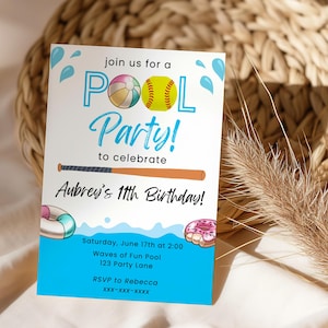 Softball Pool Party Invitation Template, Editable Pool Party Invite, Girl Summer Birthday, Team Party, Instant Download, Canva
