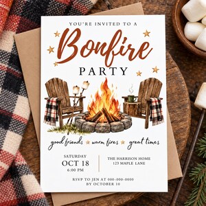 Invitación a fiesta con fogata, invitación a fogata de otoño, fiesta con fogata en el jardín, invitación a fiesta de s'mores, invitación a fiesta de otoño, plantilla editable