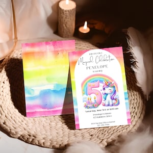 Unicorn Birthday Invitation Template, Printable Unicorn Invite, Girl&#39;s 5th Birthday Party, Unicorn, Canva, Instant Download