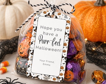 Plantilla de etiquetas para bolsas de dulces de Halloween, etiquetas editables para regalos de Halloween para niños, etiquetas de regalo de Halloween con diseño de gato, etiquetas imprimibles para dulces en el aula, PDF incluido.