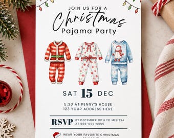 May include: A white invitation card for a Christmas Pajama Party featuring illustrations of three sets of pajamas, including a red and white striped set, a white set with red snowflakes, and a blue set with a snowman. Text includes date and RSVP details.