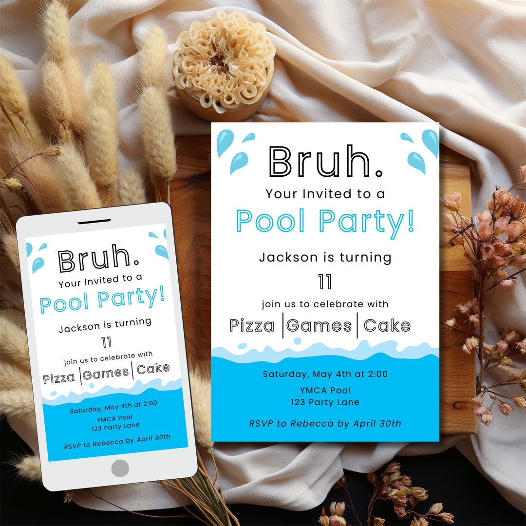 Birthday Pool Party Invitation Template, Printable Bruh Party Invite ...
