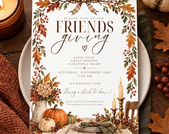 May include: A Friendsgiving invitation card featuring a watercolor border of autumn leaves, berries, and a brown plaid bow. The text reads: Please join us for Friendsgiving, Good food, great friends, a grateful heart, Saturday, November 23rd, 5:00 PM.