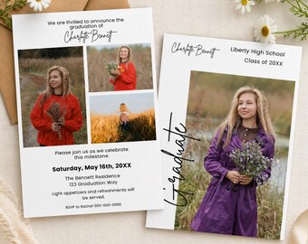 May include: Two white graduation announcement cards with photos and text. One card has three photos of a person in a red sweater. The other card has a photo of a person in a purple coat. Text includes the graduate's name, school, and event details.