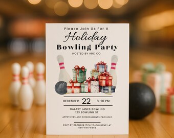 Christmas Party Invitation, Holiday Bowling Party Invitation Template, Printable Friendsmas Party Invite, Customizable Christmas Invite