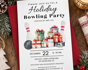 May include: A white rectangular invitation card featuring the text Please Join Us For A Holiday Bowling Party Hosted By ABC Co. The design includes watercolor illustrations of bowling pins, a ball, and stacked gift boxes with red ribbons.