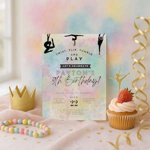 Turnen verjaardagsuitnodiging, afdrukbare en aanpasbare uitnodiging, uitnodiging kinderfeestje sjabloon, verjaardagsfeestje meisje, Instant Download