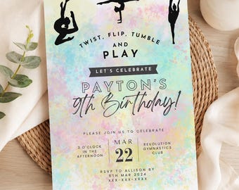 May include: A rectangular birthday invitation card featuring a pastel watercolor background with black silhouettes of gymnasts. The text reads: TWIST, FLIP, TUMBLE AND PLAY, LET'S CELEBRATE PAYTON'S 9TH BIRTHDAY! PLEASE JOIN US TO CELEBRATE MAR 22.