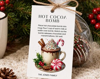 Hot Cocoa Bomb Instruction Tag, Hot Chocolate Tag, Editable Template, Hot Chocolate Mix Treat Tag, Holiday Gift, Christmas Favor Tag
