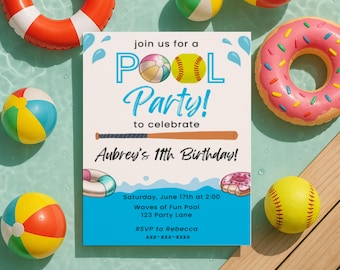 Softball Pool Party Invitation, Editable Template, Sports Swim Party, Sports Pool Party, Swimming Party, Team Party Invite, Instant Access