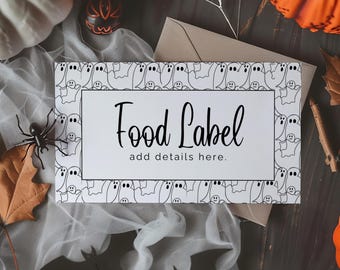 Plantilla de etiquetas para comida de Halloween, tarjeta de lugar imprimible con temática de fantasmas, etiquetas para fiestas de Halloween, tarjetas para refrigerios, descarga instantánea, Canva