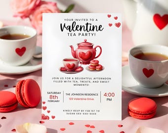 Valentine's Tea Party Invitation Template, Printable Valentine's Day Party Invite, Galentine's Brunch, Instant Download, Canva