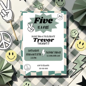 Five is a Vibe Birthday Invite Template, Editable Boy Birthday Invitation, Printable Fifth Birthday, Retro Invite, Instant Download, Canva