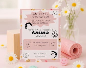 Gymnastics Birthday Invitation Template: Smiley Face Design, Customizable Girl's Birthday Invite, Teen Birthday, Tween, Digitial Download