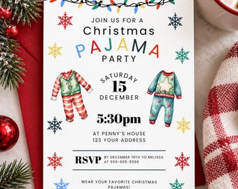 May include: A white Christmas pajama party invitation card featuring colorful string lights, snowflakes, and illustrations of two sets of pajamas. The text reads: JOIN US FOR A Christmas PAJAMA PARTY, SATURDAY 15 DECEMBER, 5:30pm, AT PENNY'S HOUSE, 123 YOUR ADDRESS, RSVP BY DECEMBER 10TH TO MELISSA AT 555-555-5555, WEAR YOUR FAVORITE CHRISTMAS PAJAMAS!