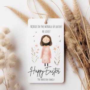 Modelo de etiqueta de presente de Páscoa, Cartão de Páscoa de Jesus para impressão, Alegre-se, Ele vive, Páscoa cristã, Cartão de cesta de Páscoa, Download instantâneo, Canva