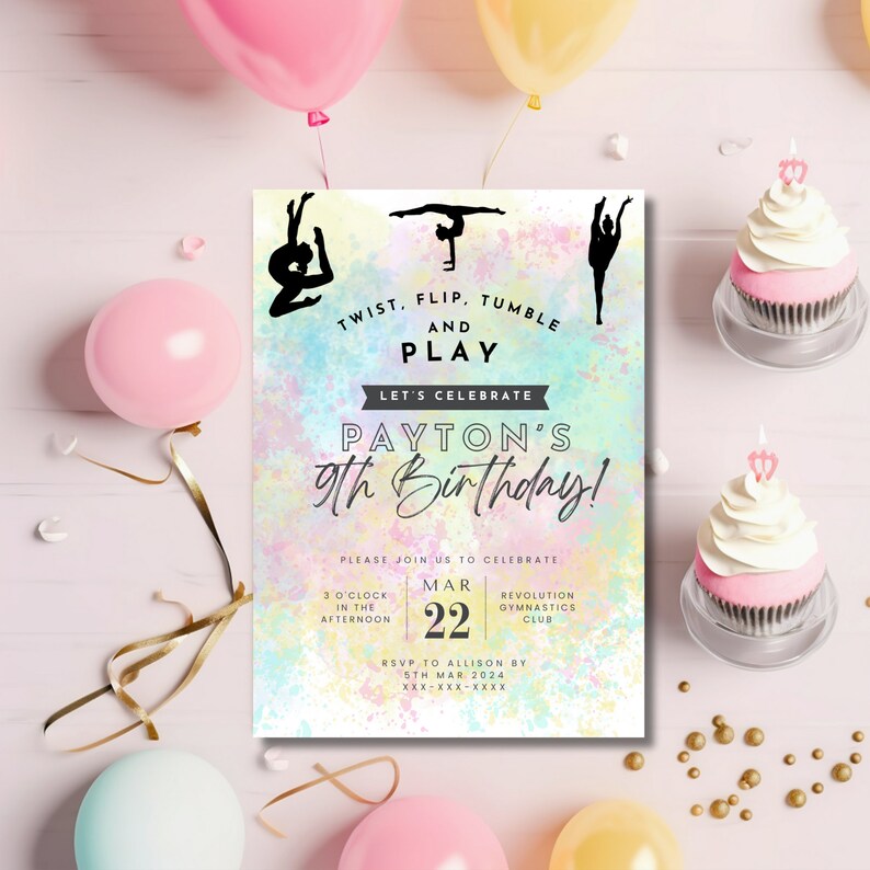 Printable Gymnastics Birthday Party Invitation Template, Girls Party