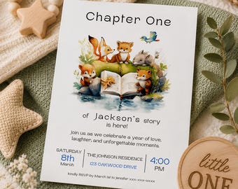 Storybook Animals Birthday Party Invitation Template, Editable Chapter One Book Theme Invite, First Birthday, Whimsical, Woodland