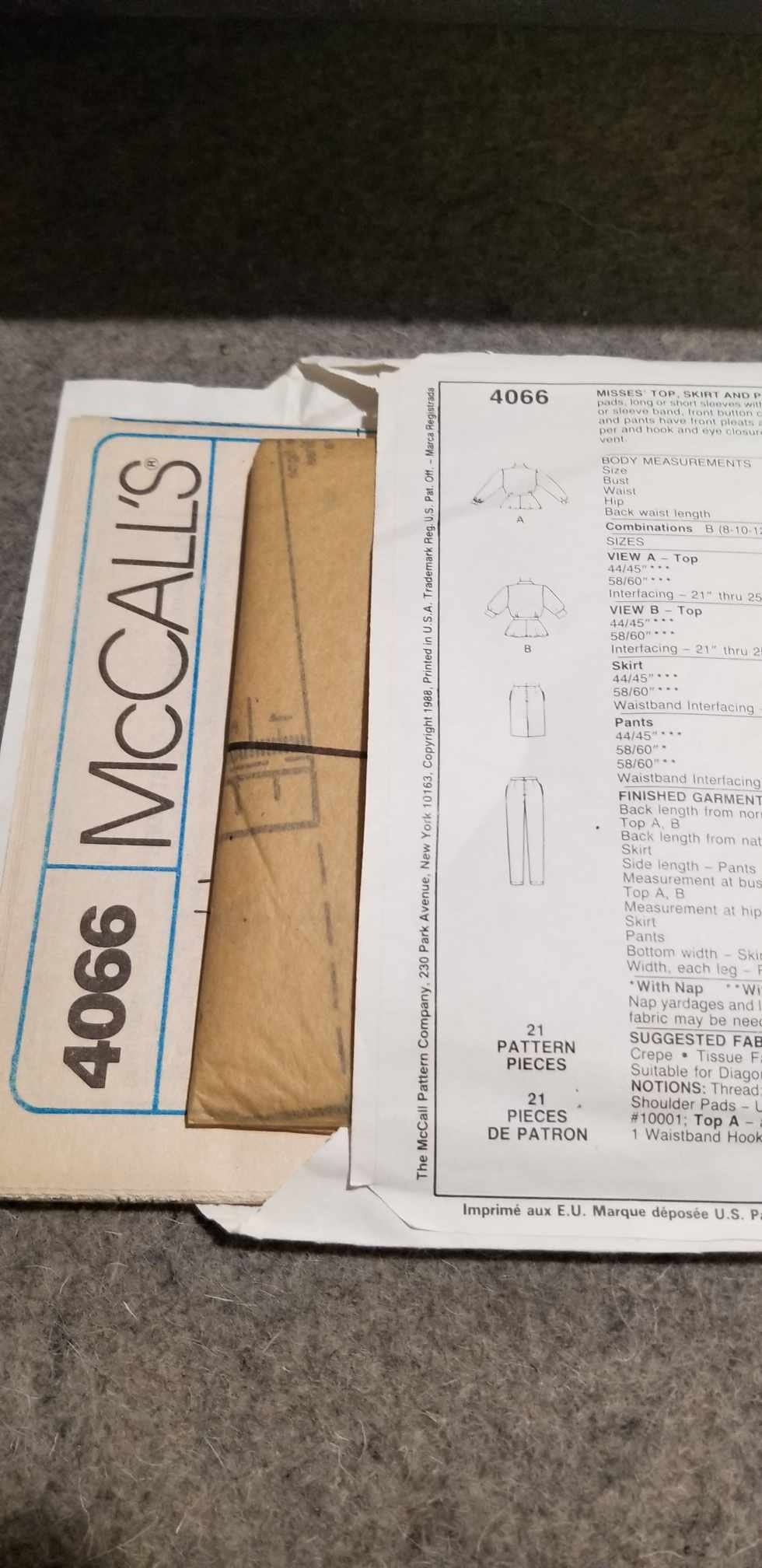 Style 4066 Pattern Vintage Mccall's #4066 EASY Sewing Pattern Misses' Top, Skirt, & Pants ...